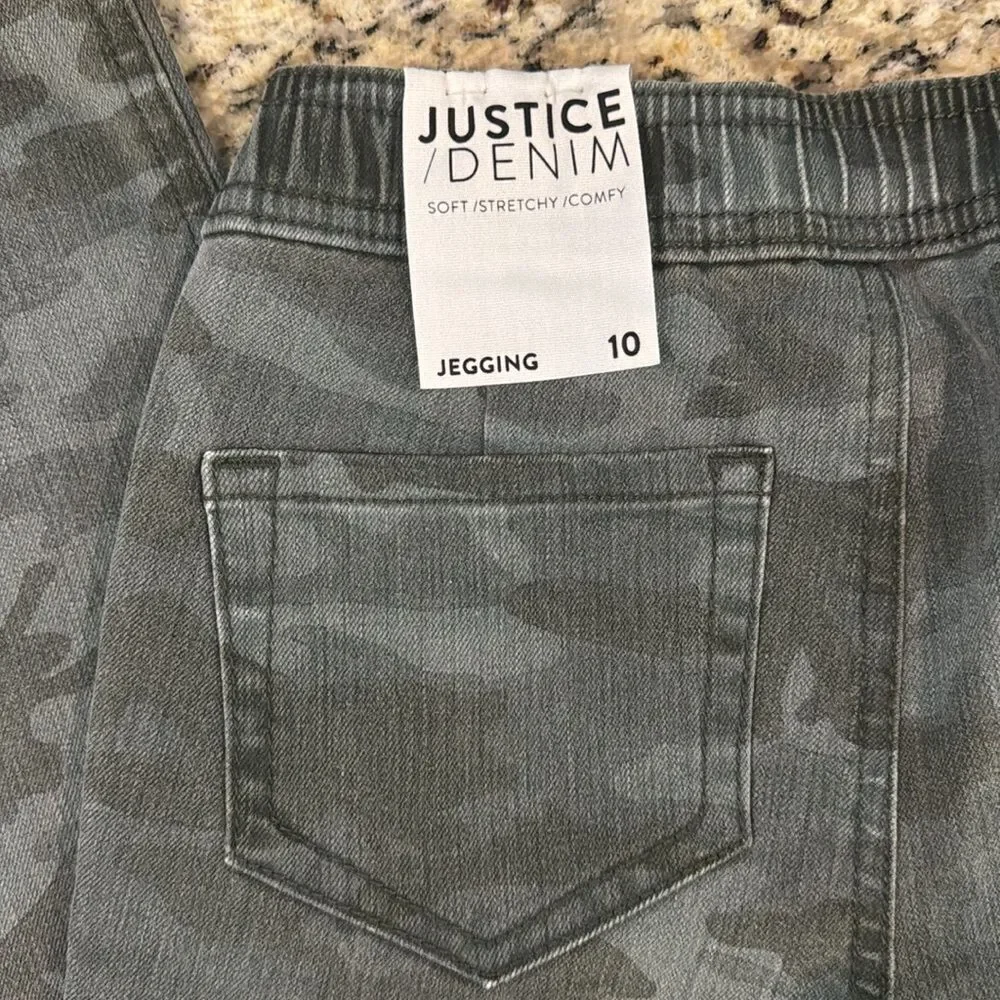 Justice Gray Camouflage Kids Jeans jeggings soft comfy stretchy tie waist sz 10
